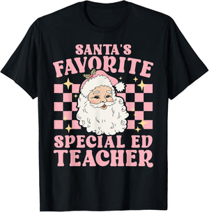 Vintage Pink Christmas Santas Favorite Special Ed Teacher T-Shirt - T-Shirt | Black