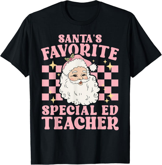 Vintage Pink Christmas Santas Favorite Special Ed Teacher T-Shirt - T-Shirt | Black