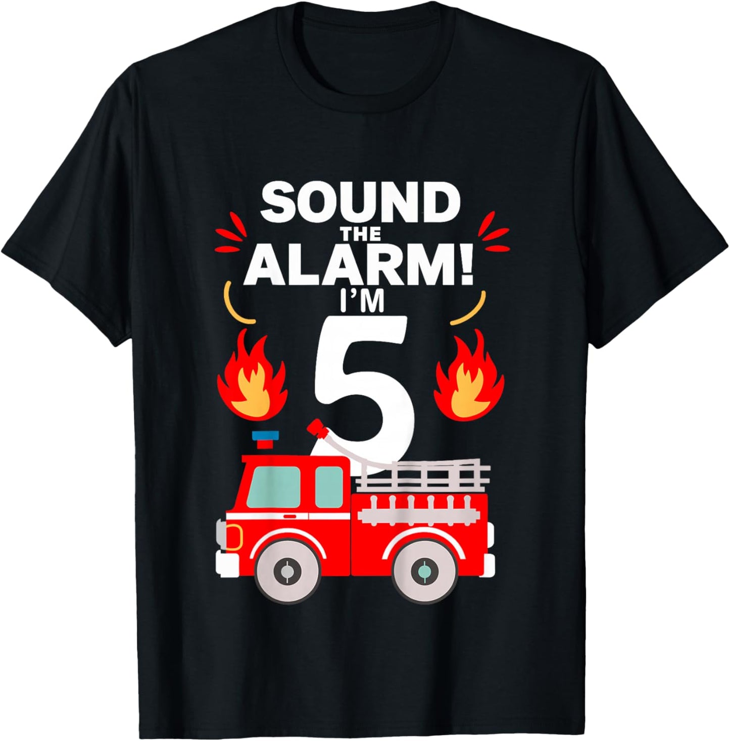 Kids 5th Birthday Fire Truck 5 Year Old Birthday Boy Firefighter T-Shirt - T-Shirt | Black