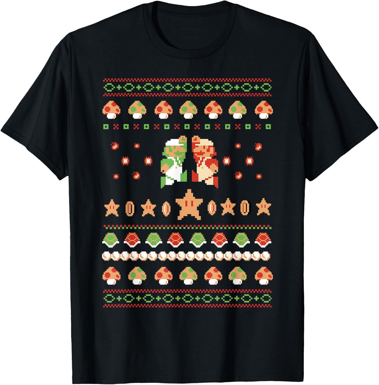 Super Mario 8-Bit Christmas Sweater Style T-Shirt - T-Shirt | Black