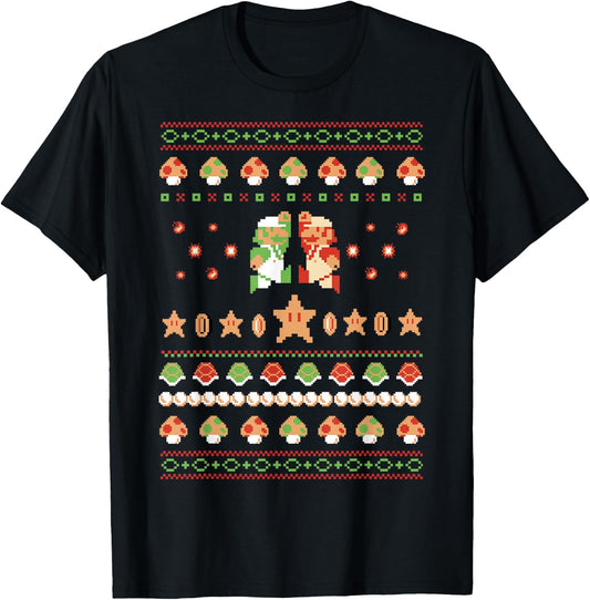 Super Mario 8-Bit Christmas Sweater Style T-Shirt - T-Shirt | Black