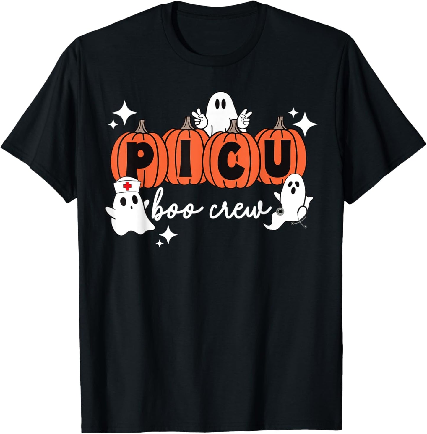 PICU Boo Crew Pumpkin Ghost Pediatric ICU Nurse Halloween T-Shirt - T-Shirt | Black