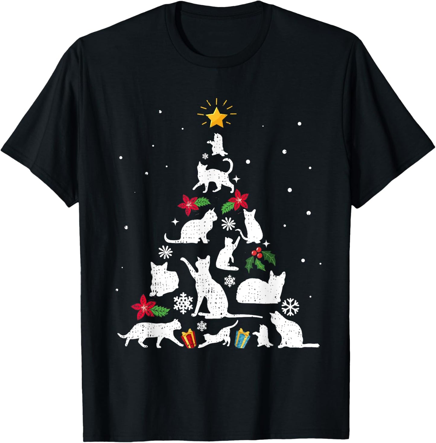 Funny Cat Christmas Tree Women Kids T-Shirt - T-Shirt | Black