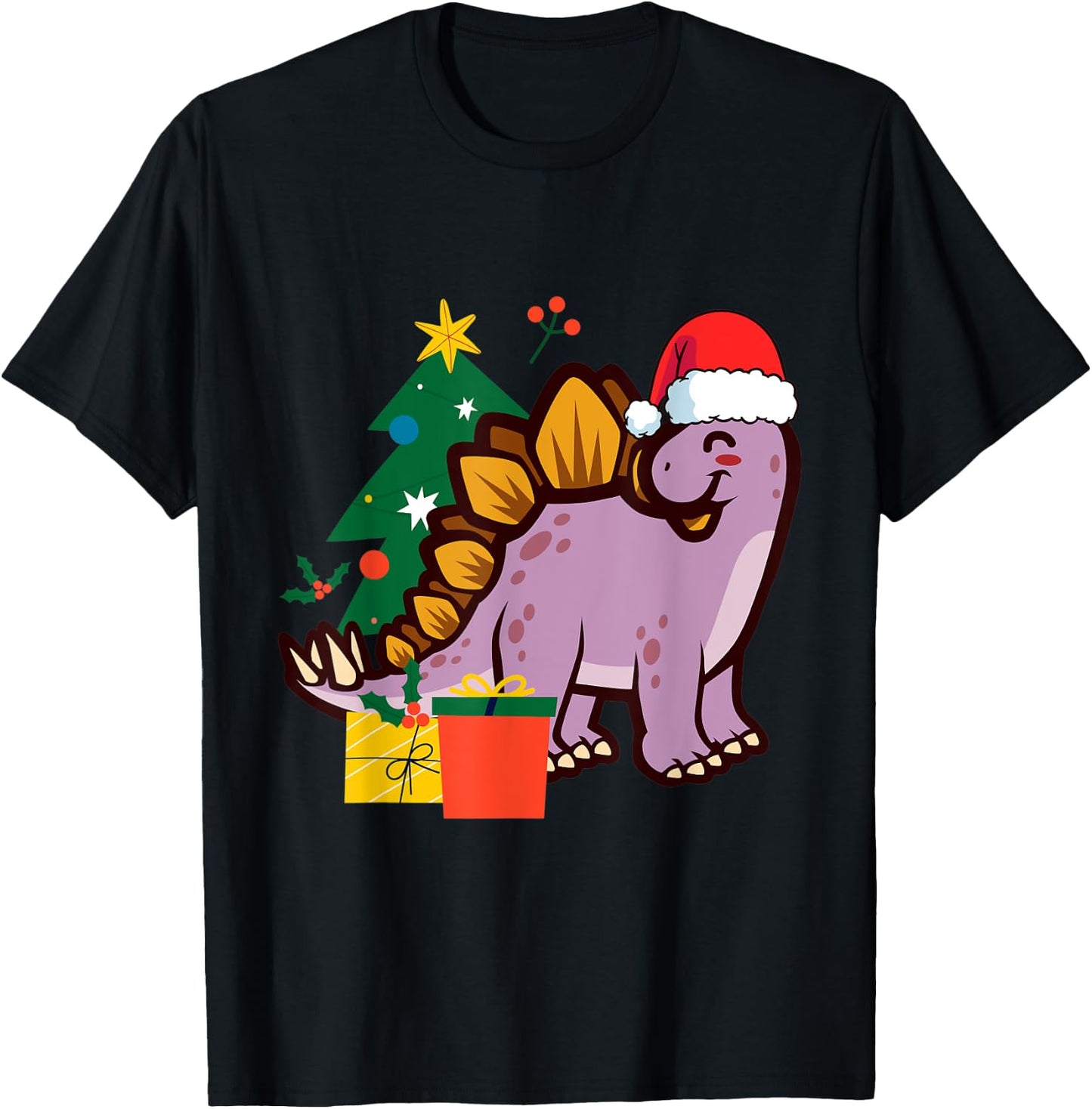 Cute Stegosaurus Dinosaur Santa Merry Christmas T-Shirt - T-Shirt | Black