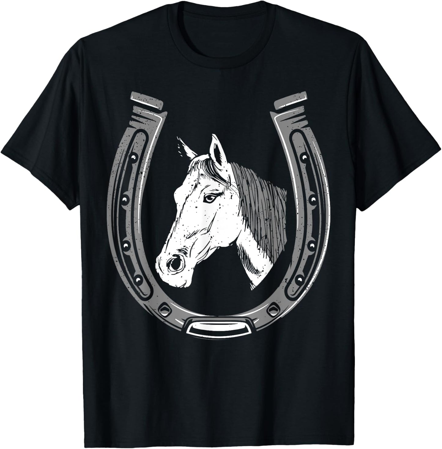 Horse Riding - Horse Head With Horseshoe T-Shirt - T-Shirt | Black