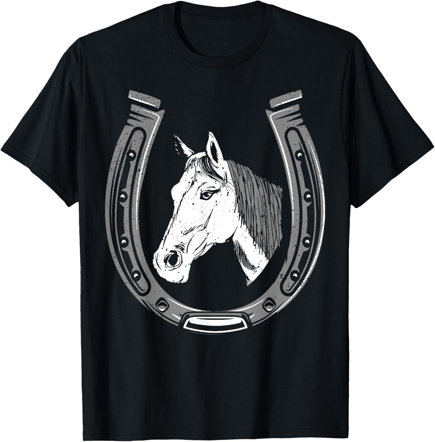 Horse Riding - Horse Head With Horseshoe T-Shirt - T-Shirt | Black