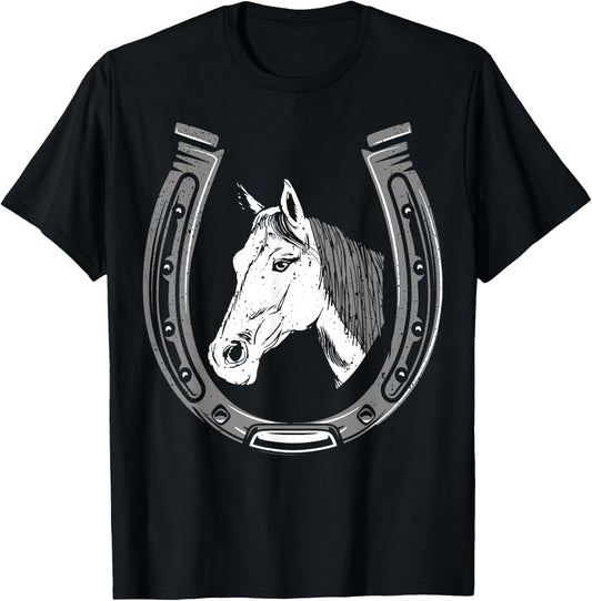 Horse Riding - Horse Head With Horseshoe T-Shirt - T-Shirt | Black