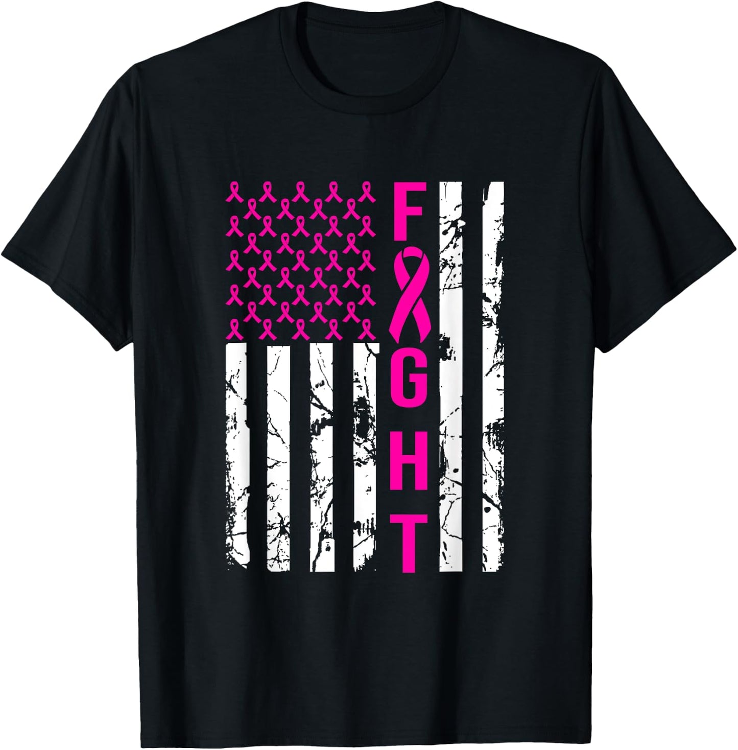Breast Cancer Awareness FIGHT American Flag Pink Ribbon Women Men T-Shirt - T-Shirt | Black