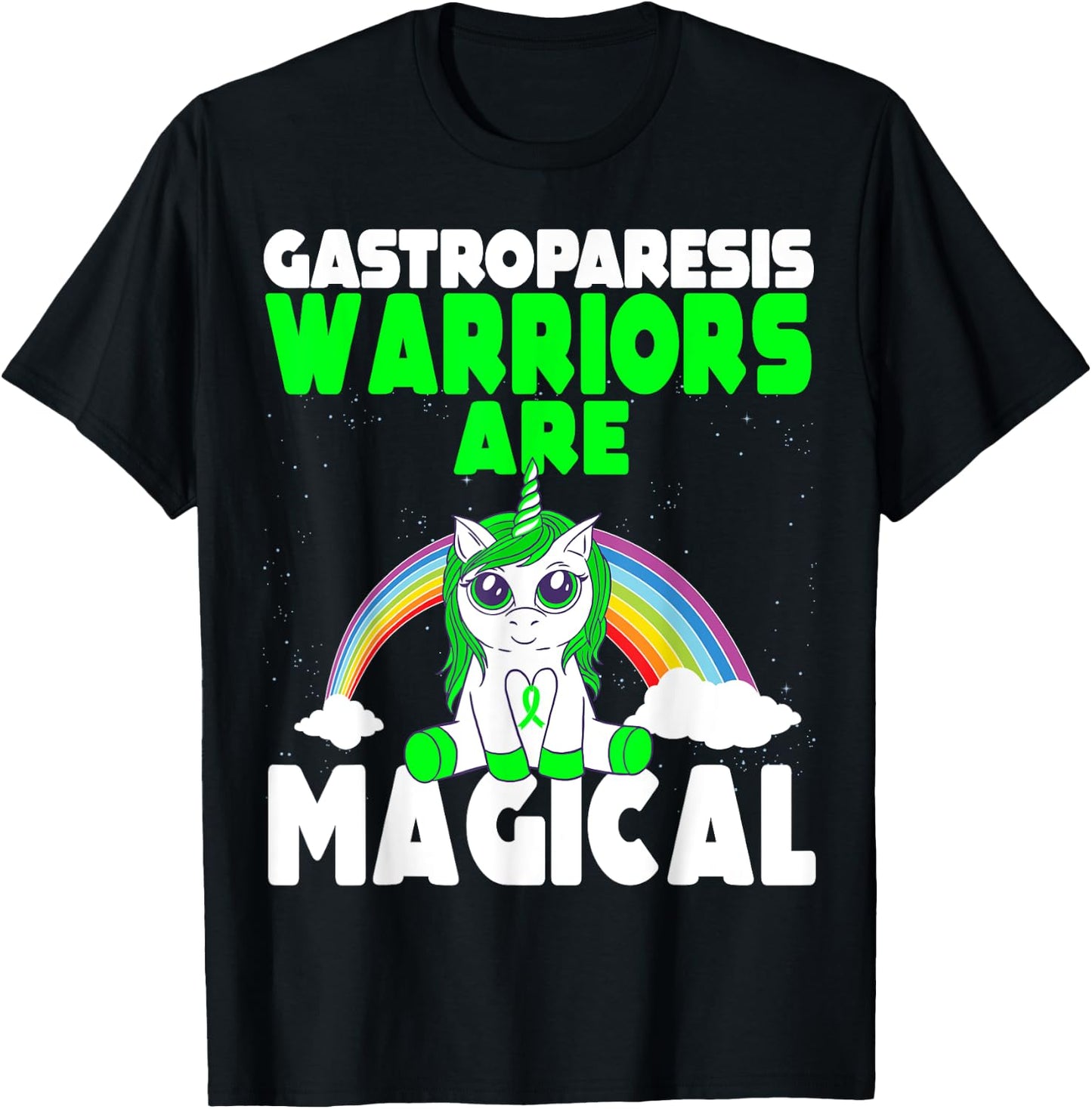 Gastroparesis Awareness Cute Magical Unicorn Green Ribbon T-Shirt - T-Shirt | Black