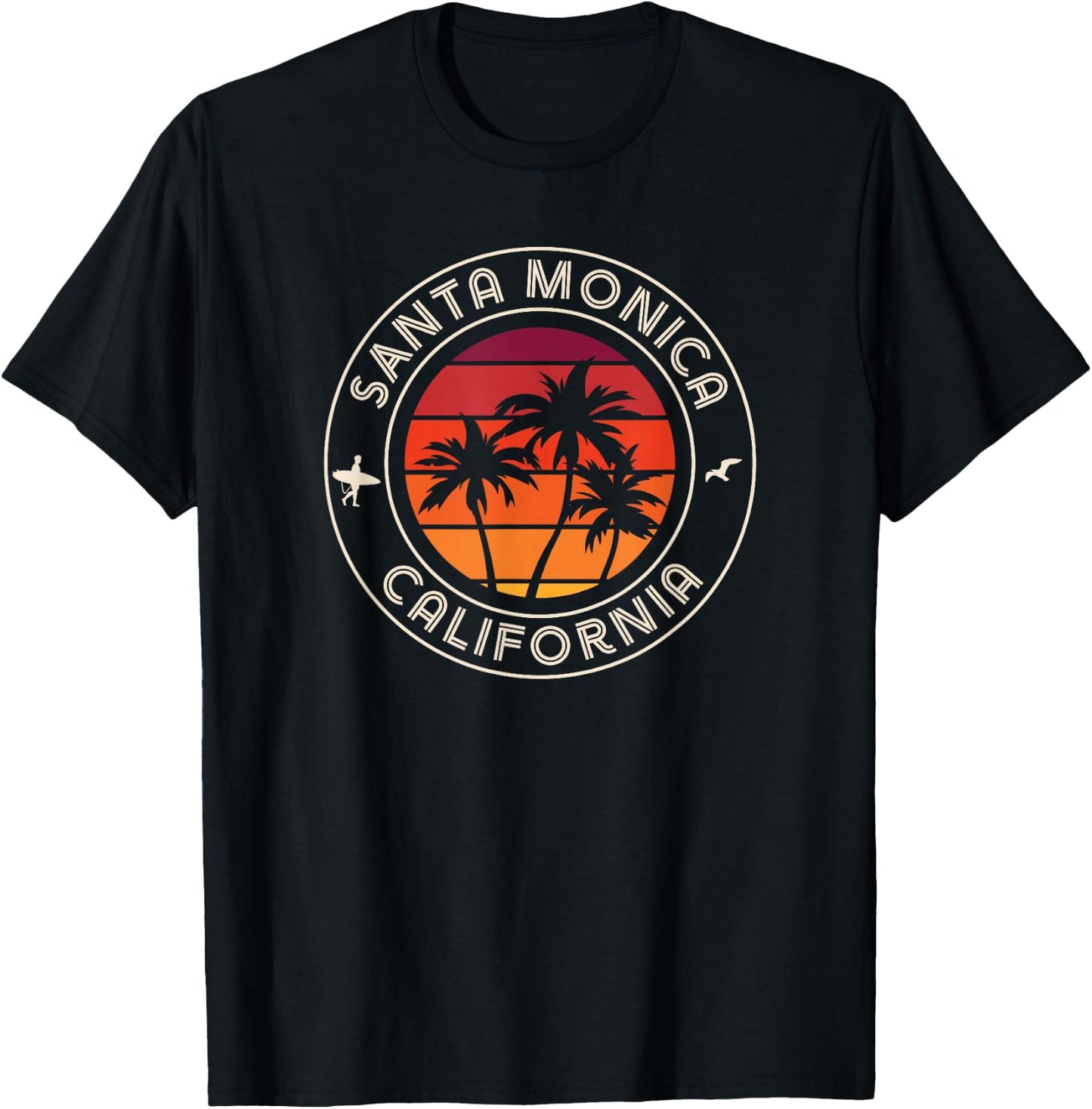 California Sunset Surfer and Seagull Santa Monica Beach T-Shirt - T-Shirt | Black