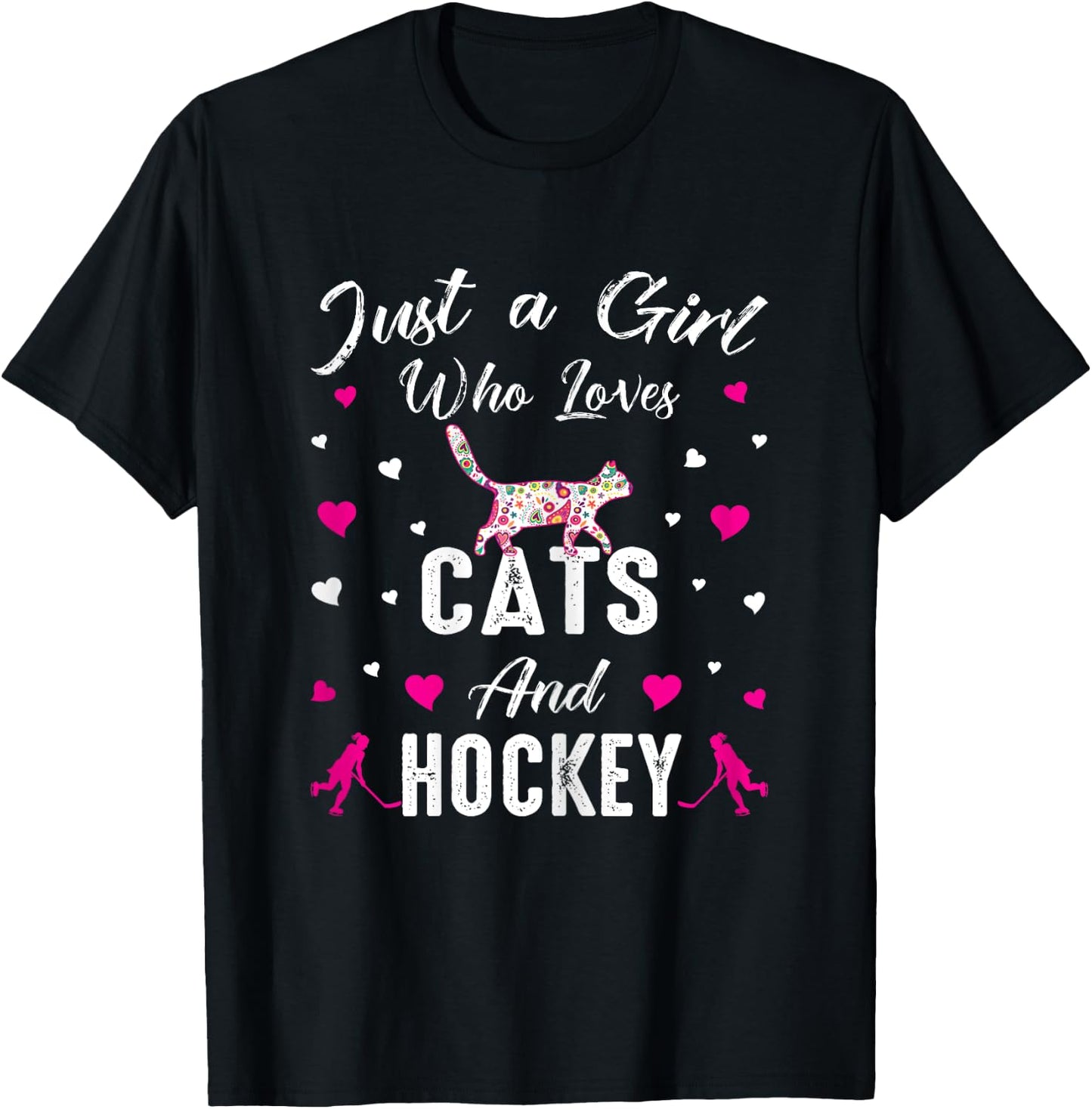Just A Girl Who Loves Cats And Ice Hockey Cat Lover T-Shirt - T-Shirt | Black
