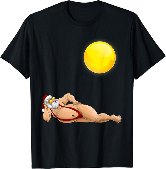 Funny Santa Sunbathing Red Mankini | Cool Beach Summer Gift T-Shirt - T-Shirt | Black