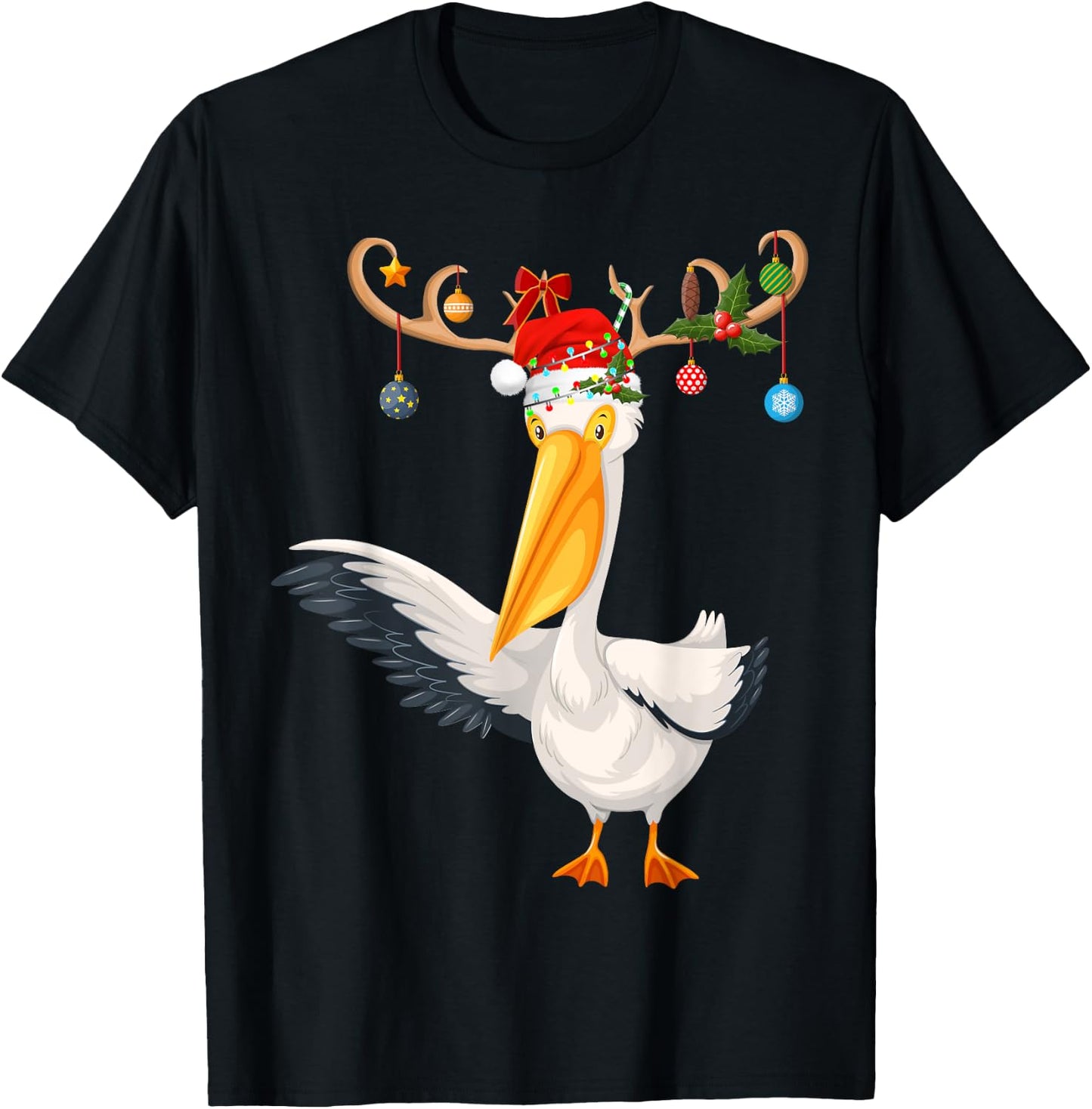 Pelican Bird Xmas Gift Reindeer Santa Hat Pelican Christmas T-Shirt - T-Shirt | Black
