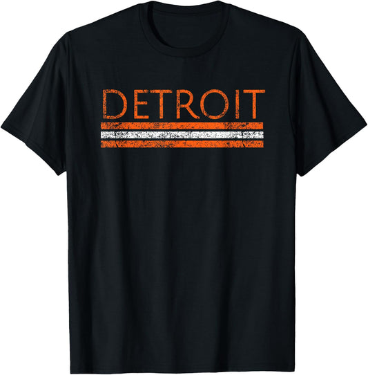 Detroit Michigan Retro Vintage Weathered Stripe Throwback T-Shirt - T-Shirt | Black