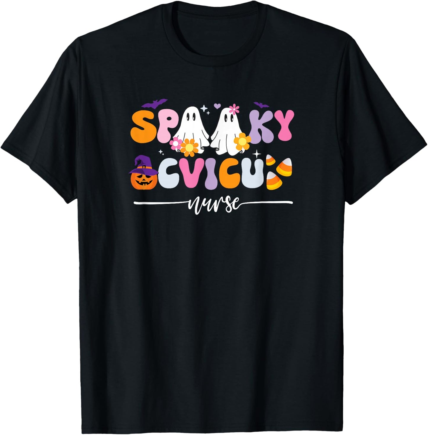 Groovy Spooky CVICU Nurse Halloween Ghost Witch Floral T-Shirt - T-Shirt | Black