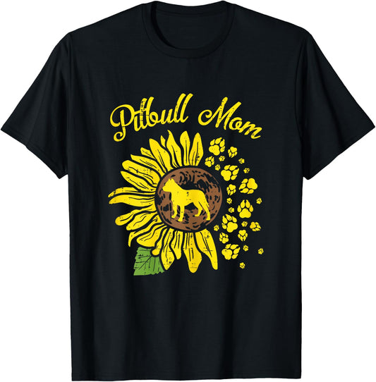 Pitbull Mom Sunflower Paw Pittie Dog Owner Mama Women Gift T-Shirt - T-Shirt | Black