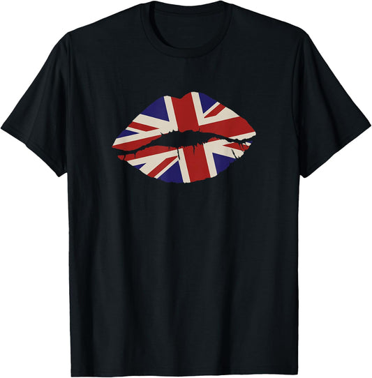 Union Jack Kissing Lips UK Flag Mouth United Kingdom T-Shirt - T-Shirt | Black