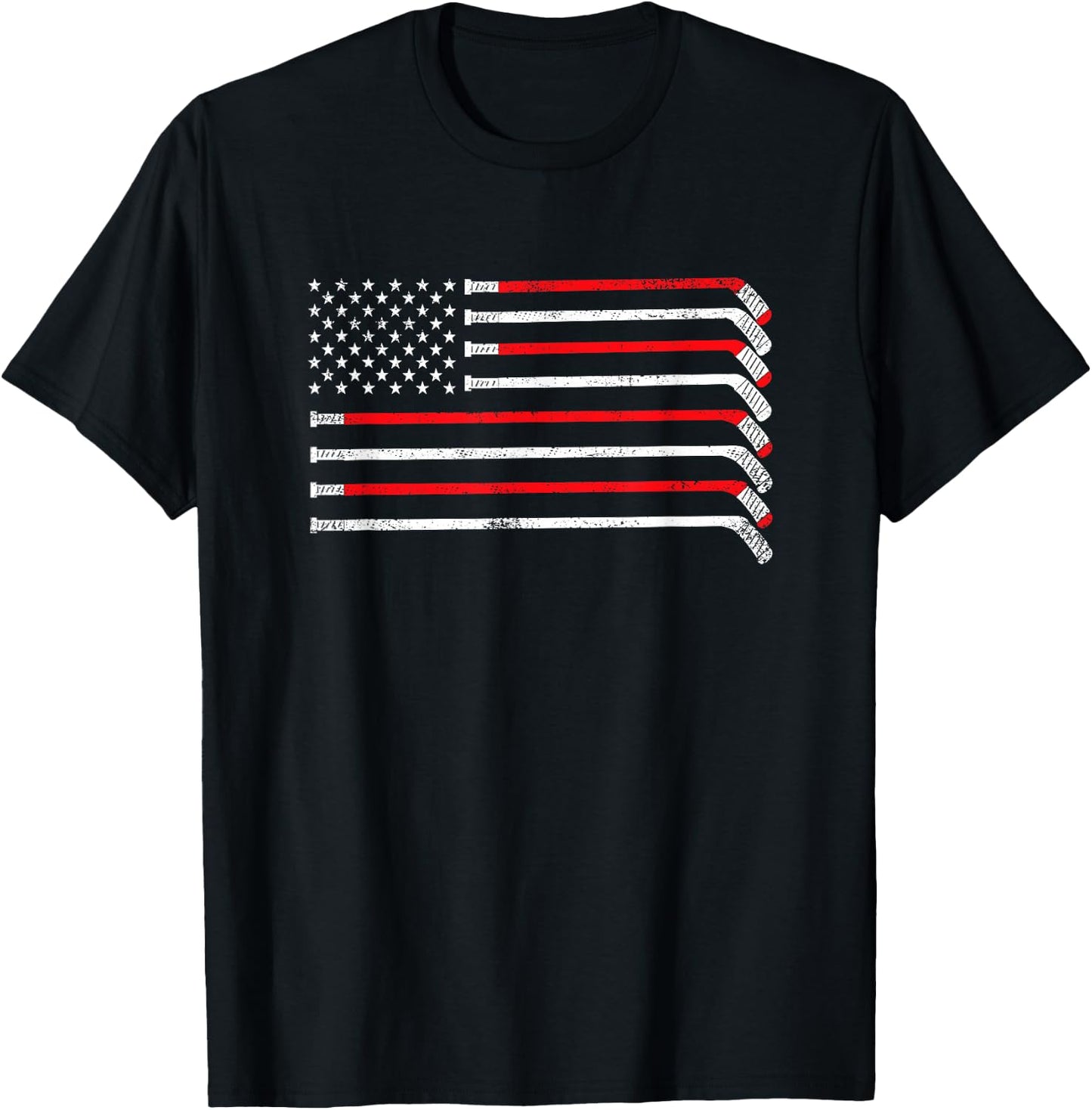 Hockey Stick USA Flag Faded Hockey Player T-Shirt - T-Shirt | Black