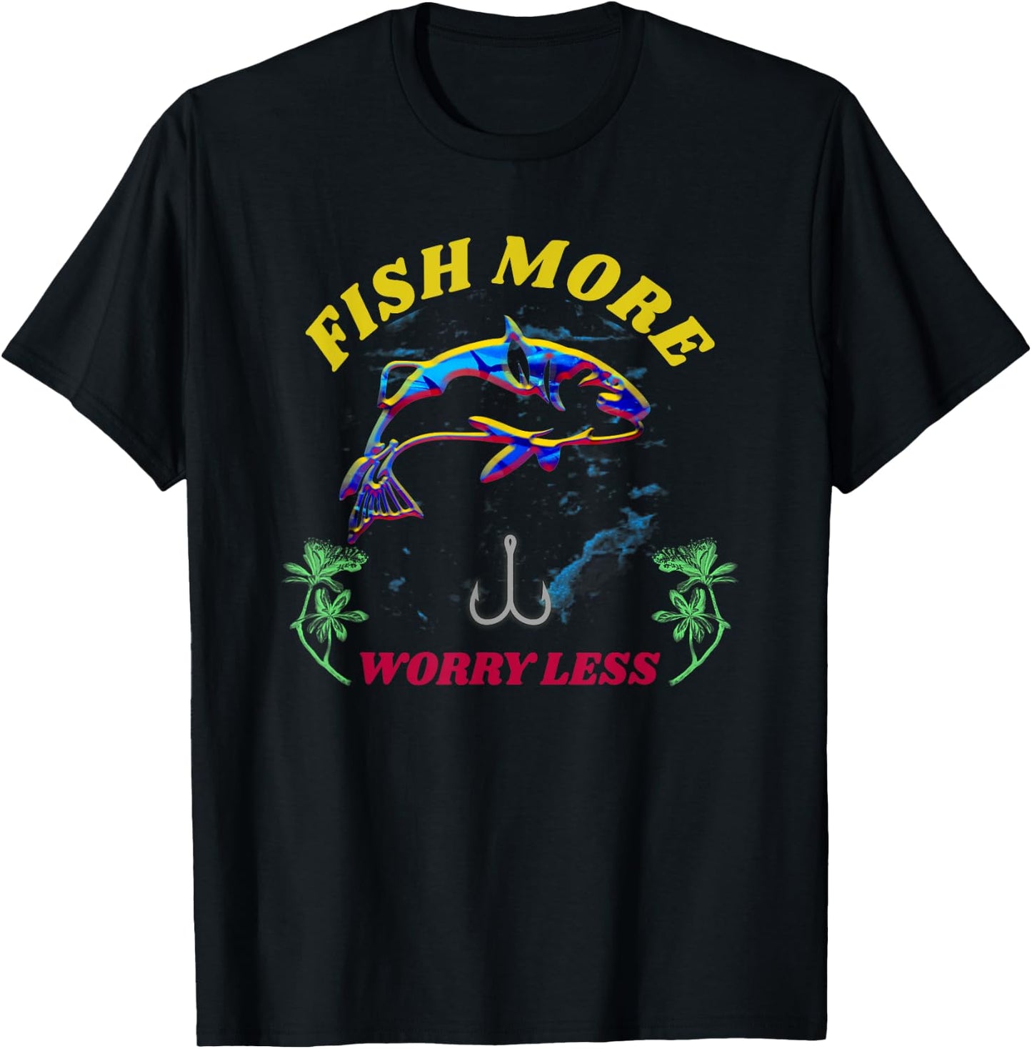 VINTAGE Distressed Fish More Worry Less SHIRT Fisherman GIFT T-Shirt - T-Shirt | Black