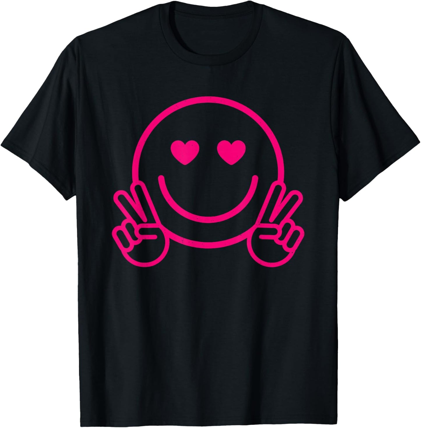 Pink Love Heart Eyes Smile Face Funny Peace Hand Happy Face T-Shirt - T-Shirt | Black