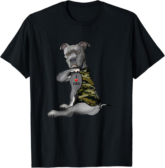 Pitbull I Love Dad Tattoo Funny Pitties Tattooed Fathers Day T-Shirt - T-Shirt | Black