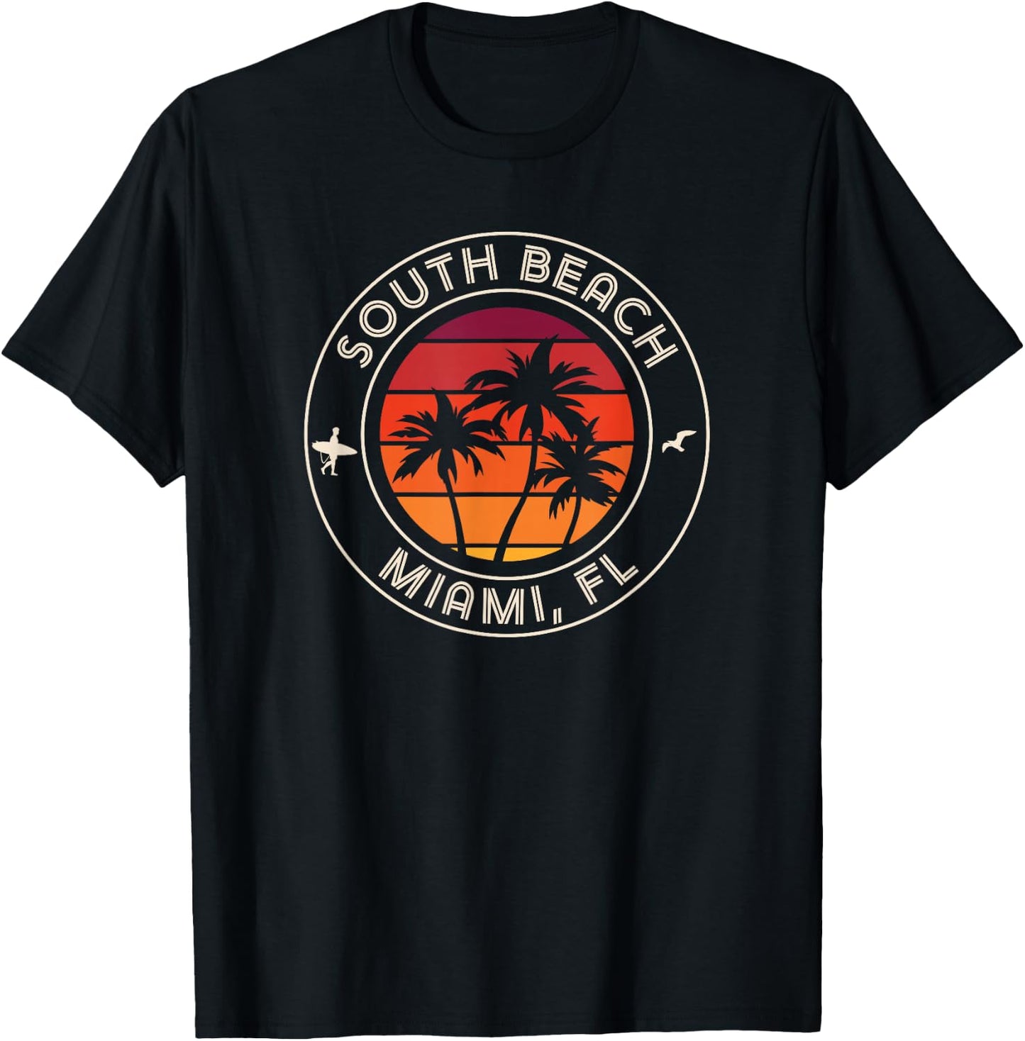 Miami Sunset Surfer and Seagull South Beach T-Shirt - T-Shirt | Black