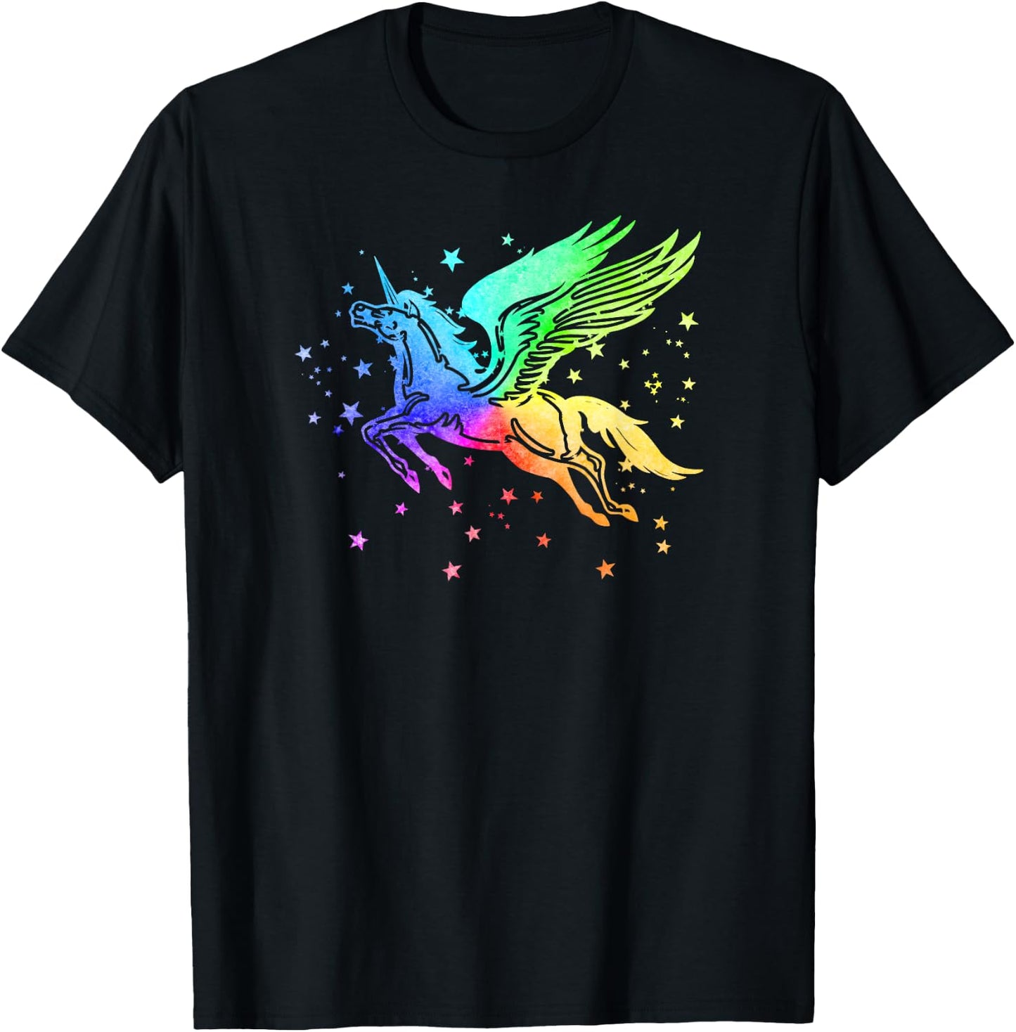 Unicorn Winged Pegasus Horse Rainbow Space Galaxy Stars Girl T-Shirt - T-Shirt | Black
