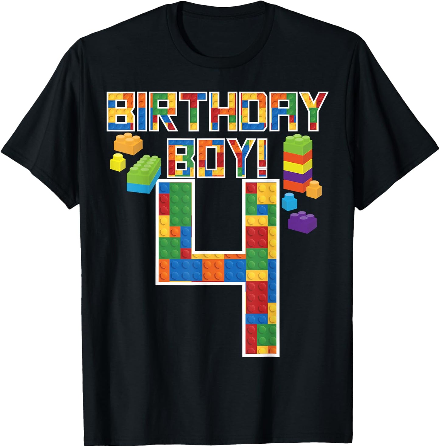 Cute 4th Birthday Gift 4 Years Old Block Building Boys Kids T-Shirt - T-Shirt | Black