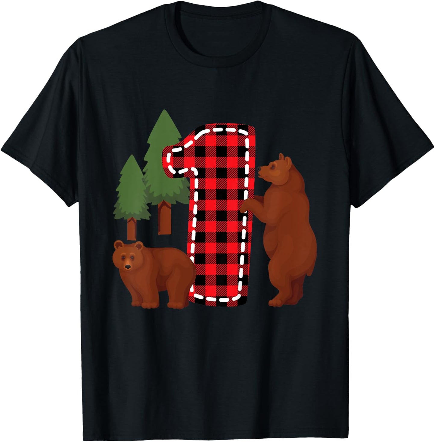 Kids 1 Year Old Lumberjack Birthday Party Bear Plaid Boy 1st Gift T-Shirt - T-Shirt | Black