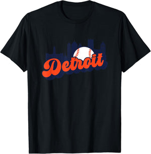 Detroit Baseball Vintage City Skyline Retro Baseball Lover T-Shirt - T-Shirt | Black