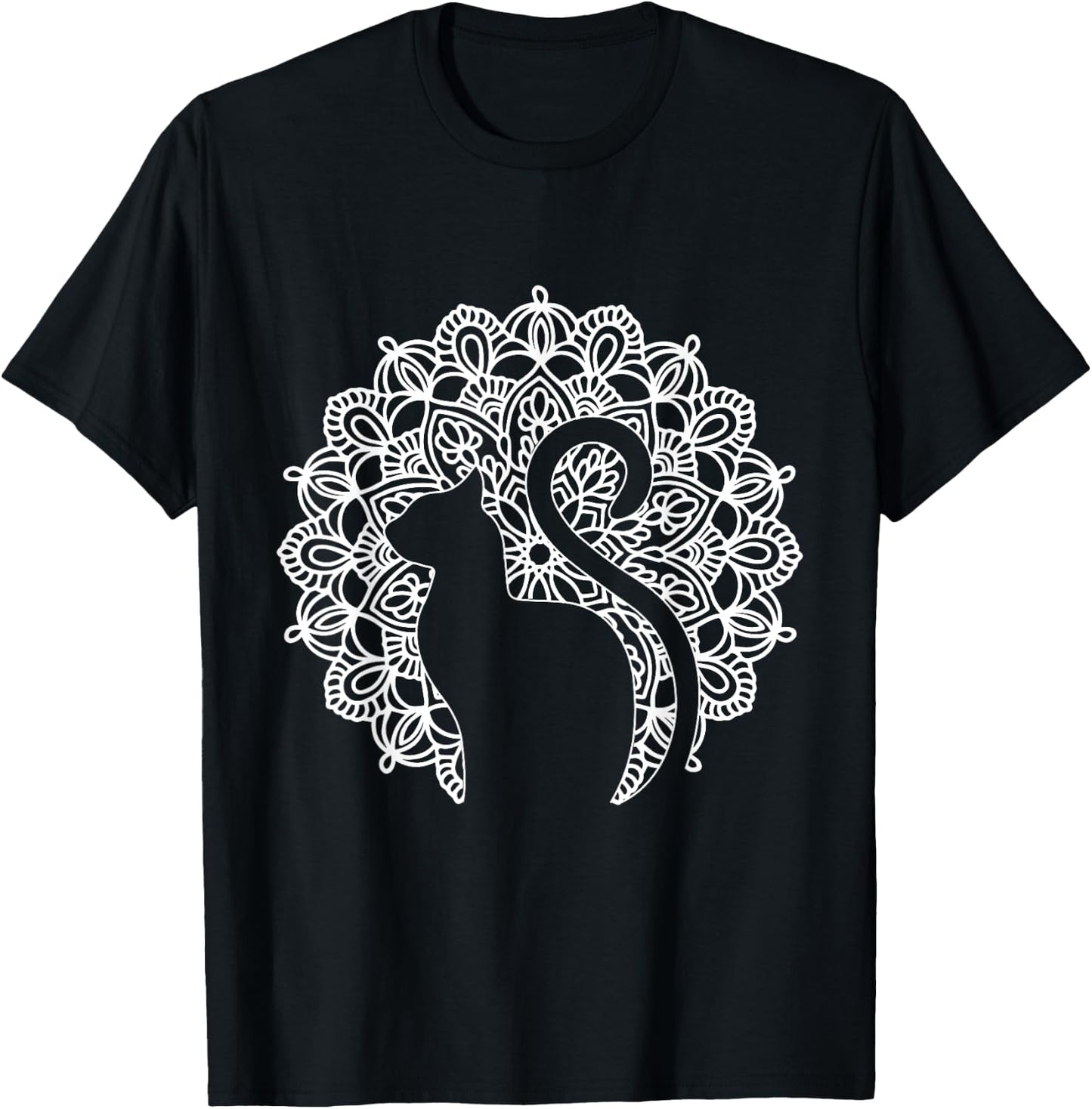 Cat Shirt Zen Cat Print Mandala Shirt Yoga T-Shirt - T-Shirt | Black