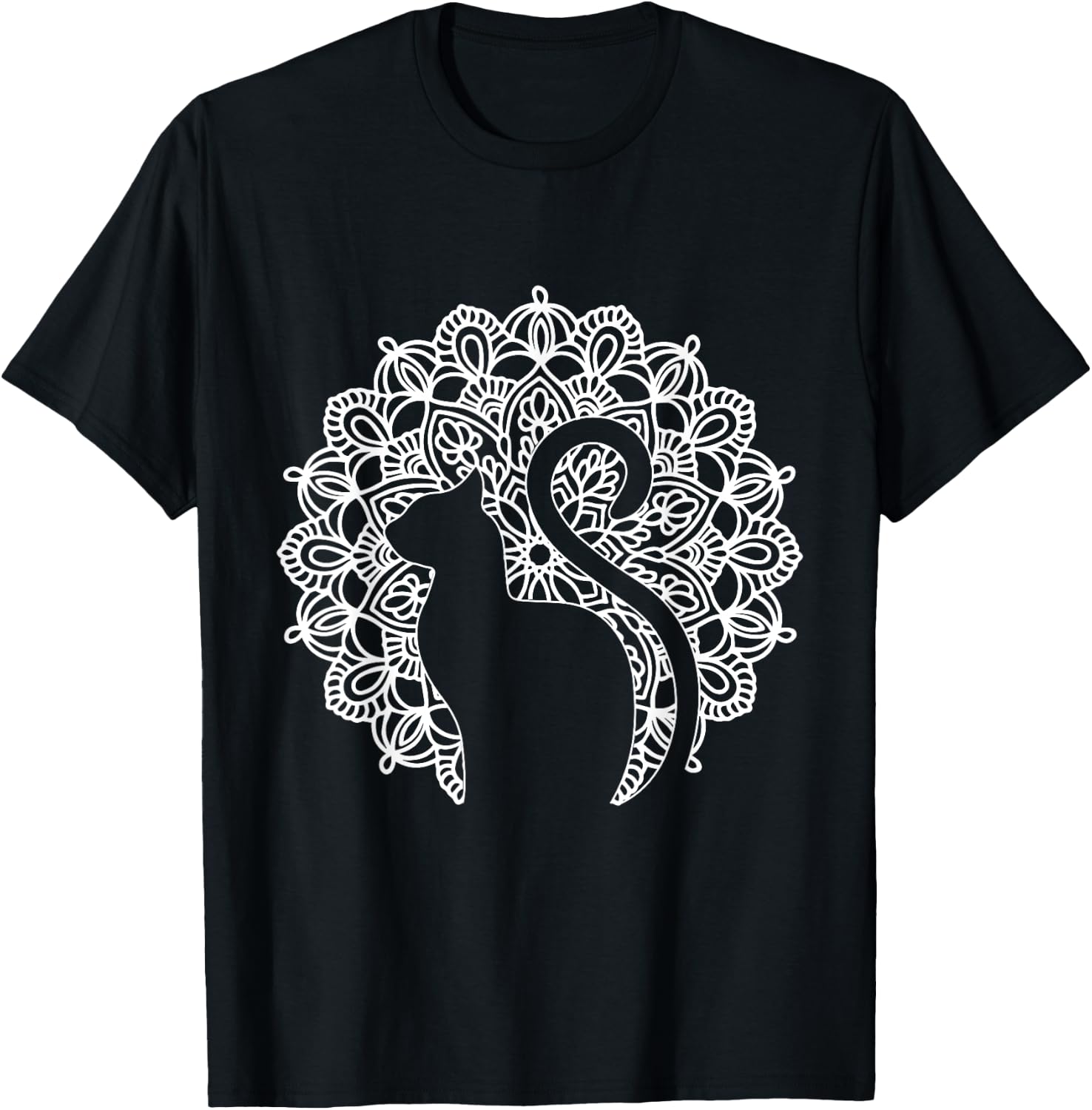 Cat Shirt Zen Cat Print Mandala Shirt Yoga T-Shirt - T-Shirt | Black