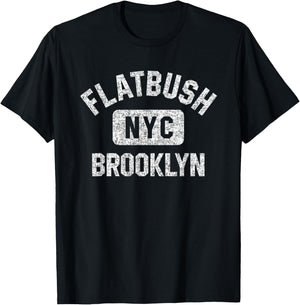 Flatbush Brooklyn NYC Gym Style Distressed White Print T-Shirt - T-Shirt | Black