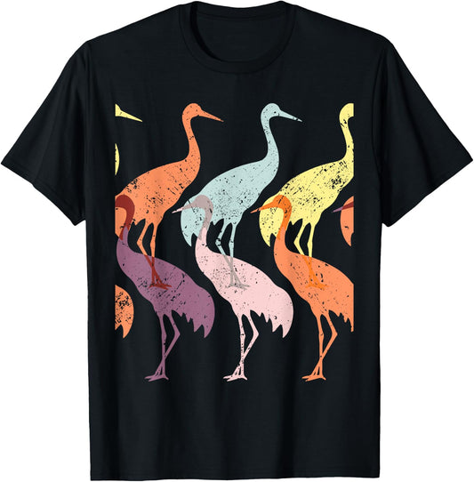 Sandhill Crane Bird Art 60s Style Minimal Hippy Birder T-Shirt - T-Shirt | Black