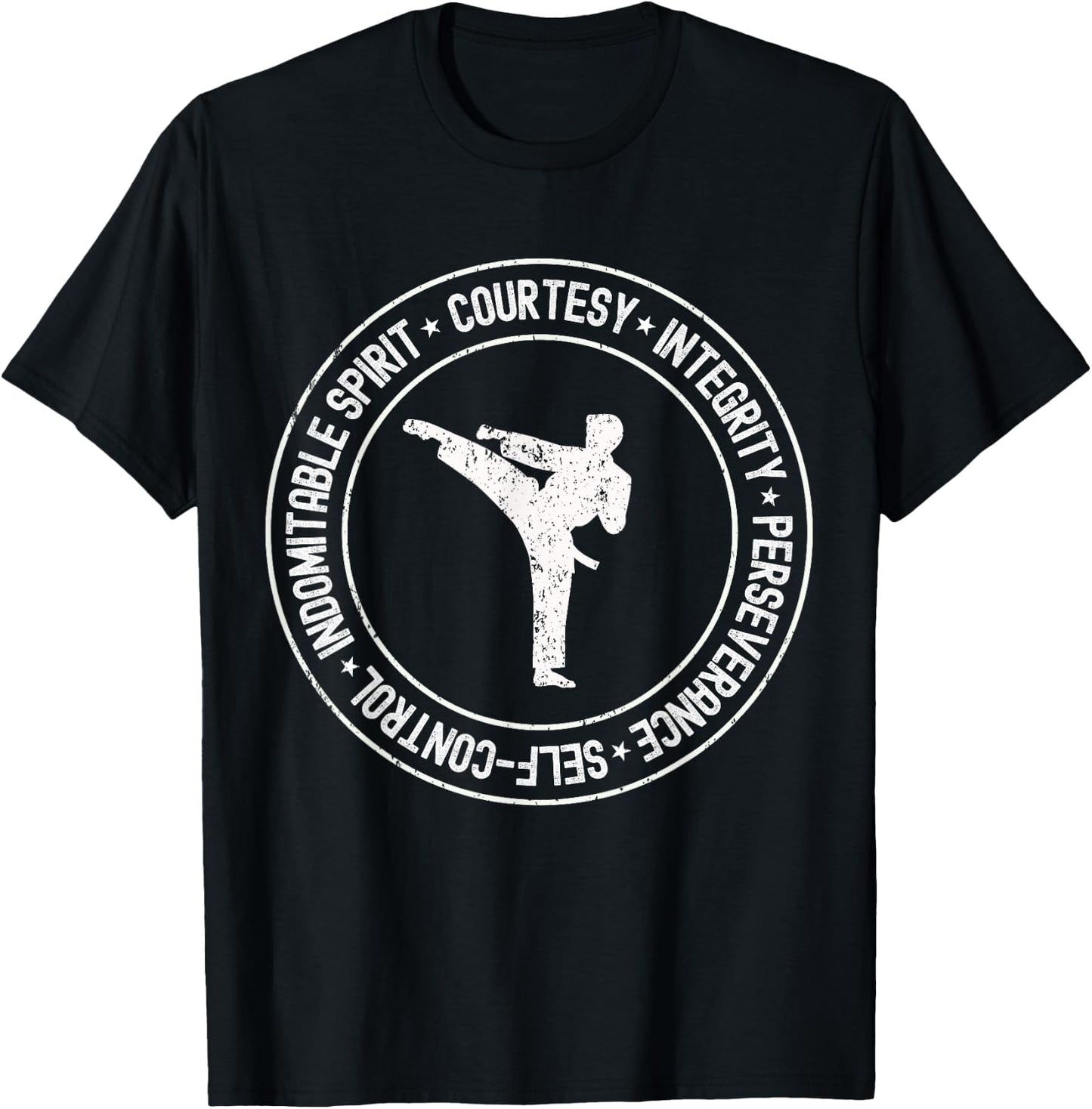 Distressed 5 Tenets of Taekwondo Taekwondo Kicking Outfit T-Shirt - T-Shirt | Black