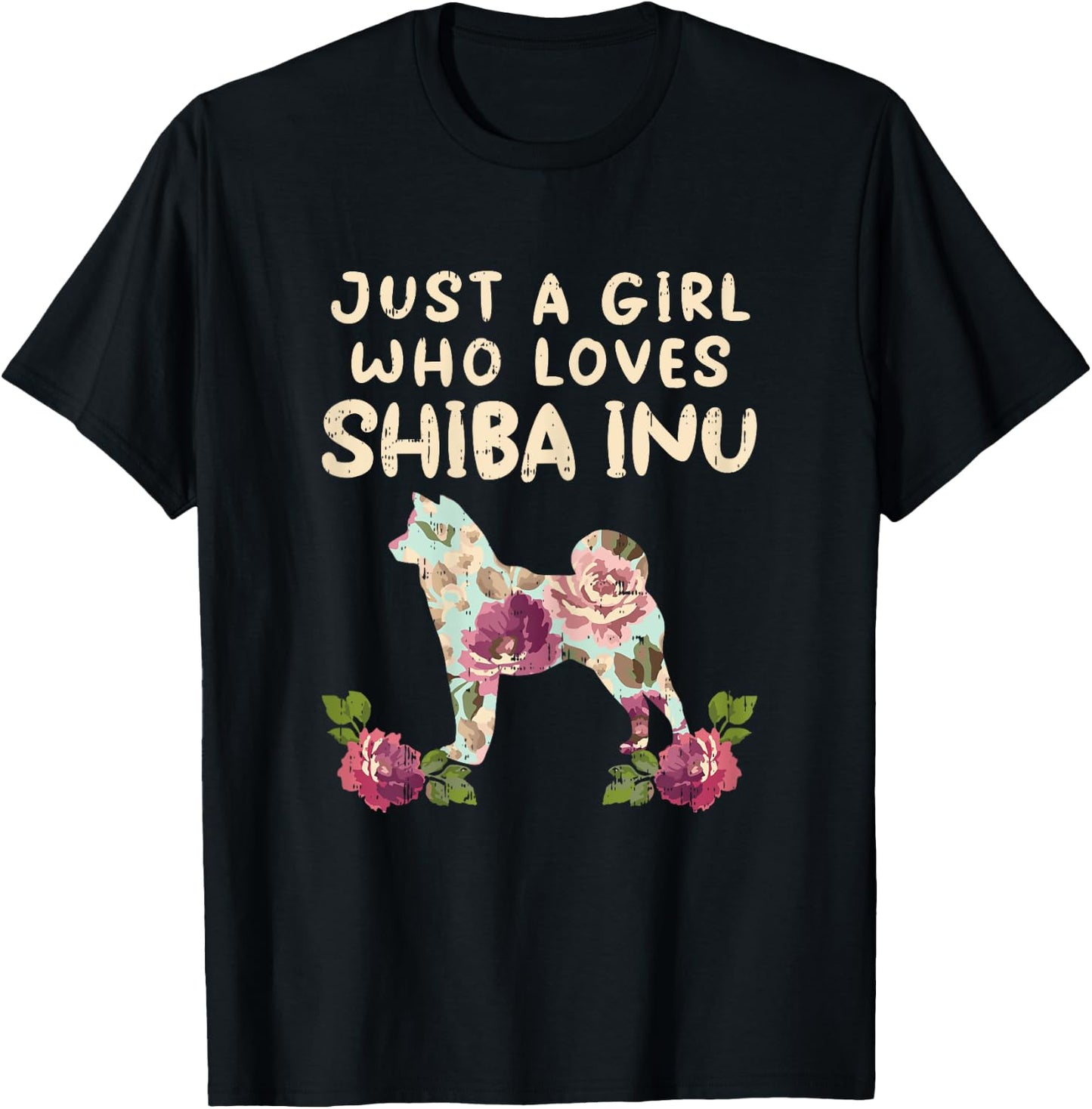 A Girl Who Loves Shiba Inu Floral Japanese Dog Akita Gift T-Shirt - T-Shirt | Black