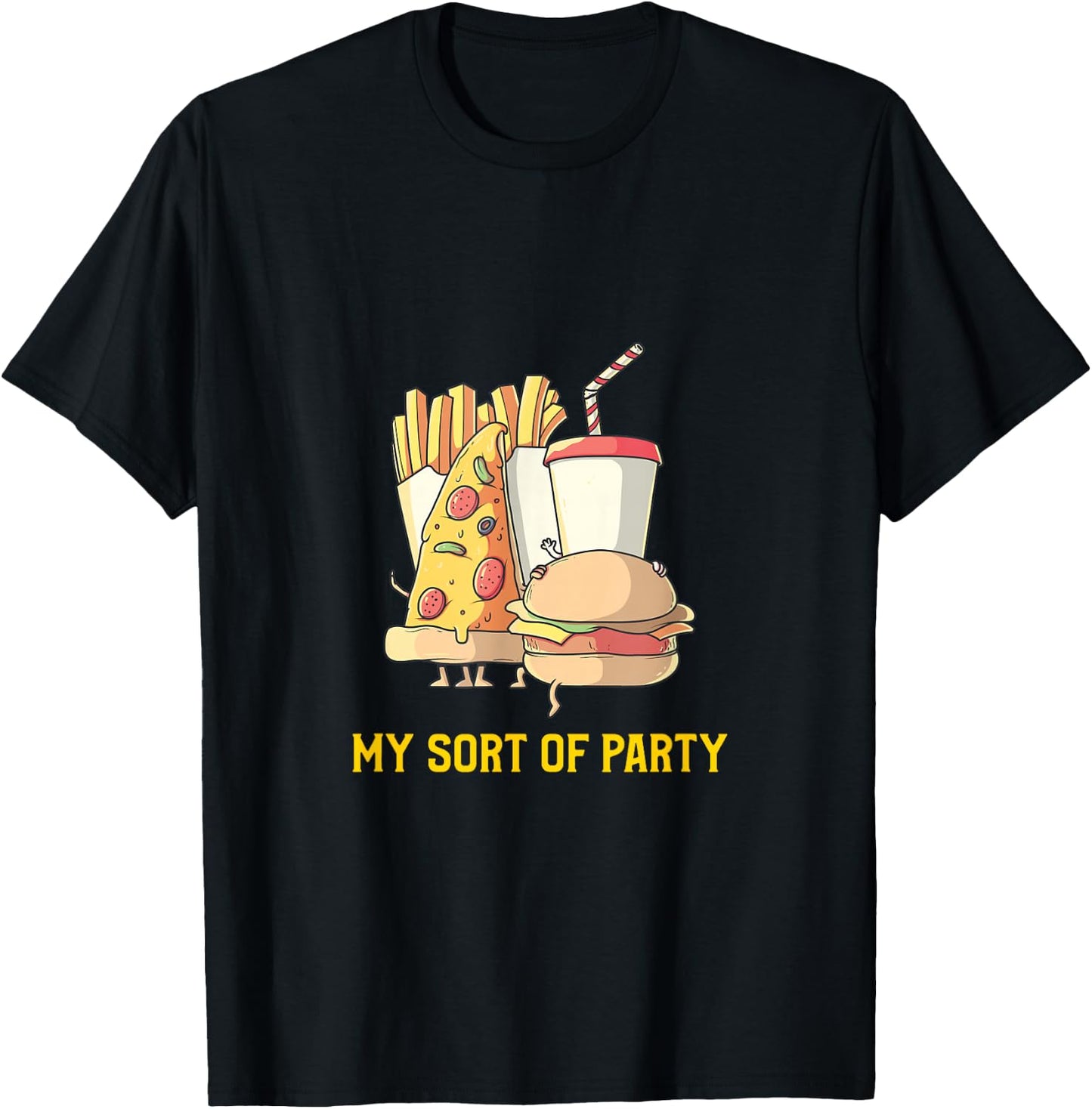 My Sort of Junk Food Party-Pizza, Burger, Fries, Milkshake T-Shirt - T-Shirt | Black