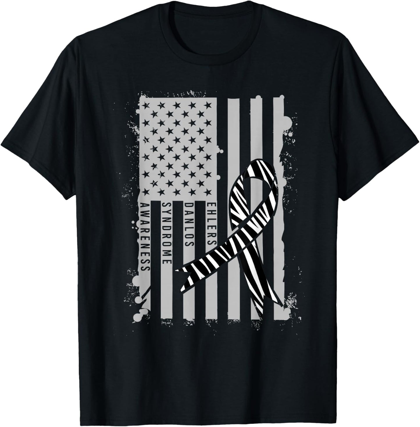 Patriotic Ehlers-Danlos Syndrome EDS Awareness Zebra Ribbon T-Shirt - T-Shirt | Black