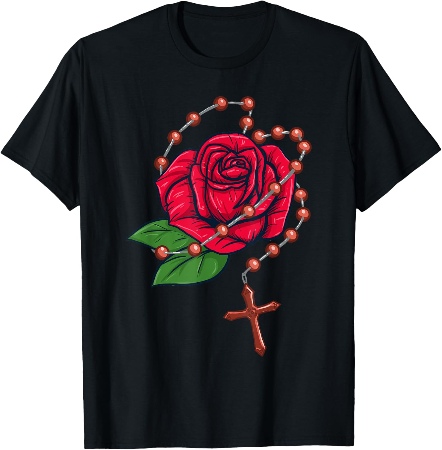 Rosary Beads & Rose - Catholic Pray The Rosary T-Shirt - T-Shirt | Black