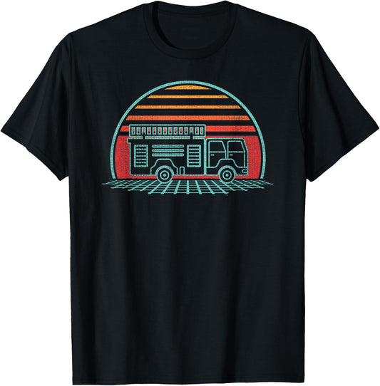Fire Truck Engine Retro 80s Style T-Shirt - T-Shirt | Black