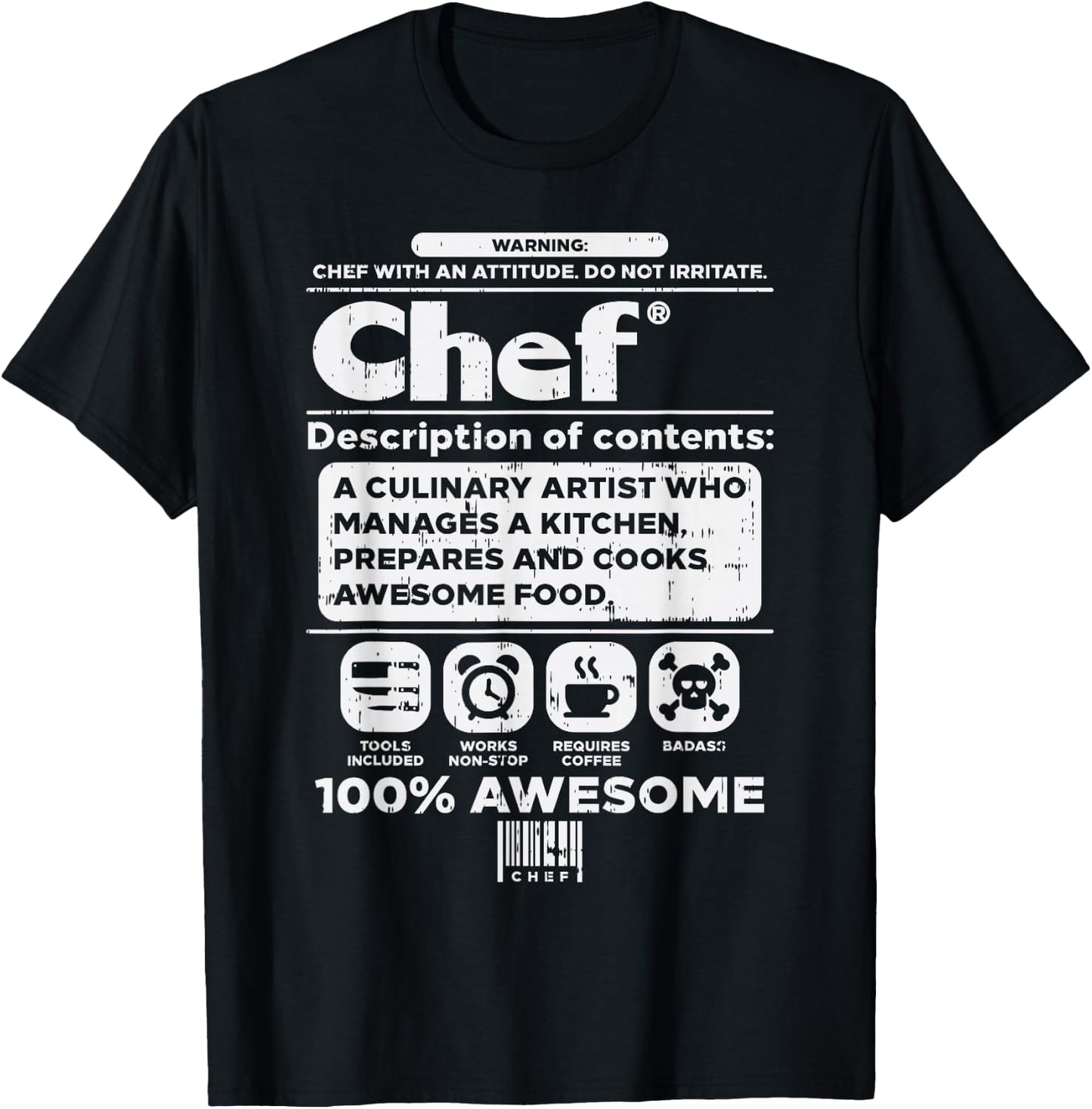 Warning Chef 100% Awesome Culinary Artist Men Women Gift T-Shirt - T-Shirt | Black