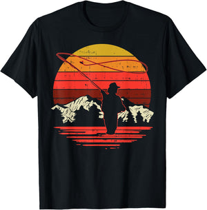 Fly Fishing Sunset Retro Trout Angling Fisherman Angler Gift T-Shirt - T-Shirt | Black