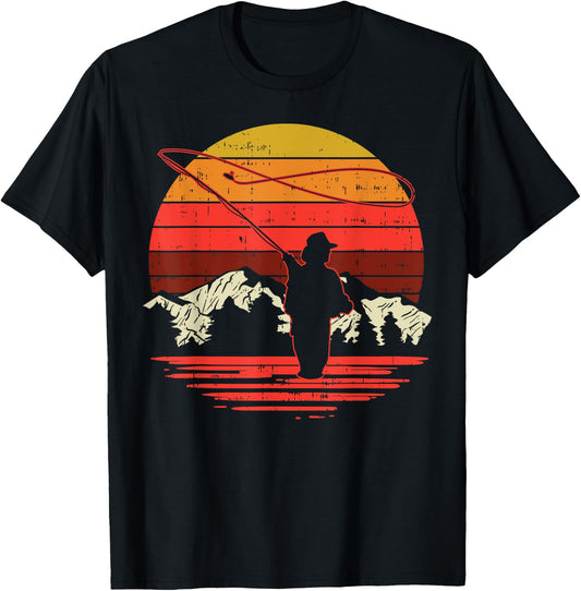 Fly Fishing Sunset Retro Trout Angling Fisherman Angler Gift T-Shirt - T-Shirt | Black
