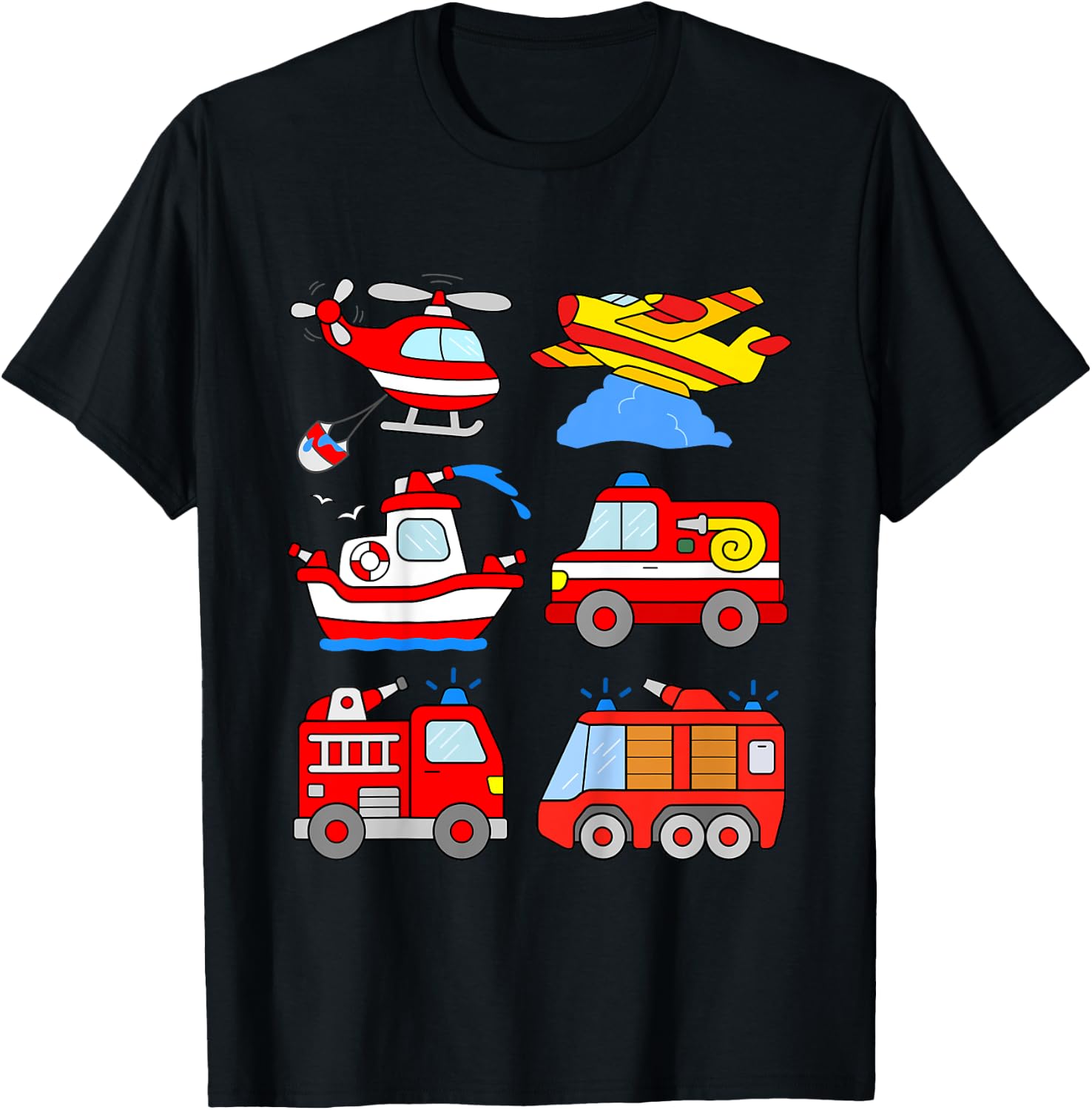 Kids Fire Engines Boys Toddlers Firefighter Boat Plane Helicopter T-Shirt - T-Shirt | Black