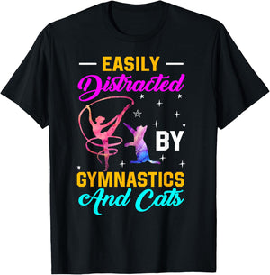 Easily Distracted By Gymnastics and Cats Gymnast Cat Lovers Women Girls Kids T-Shirt - T-Shirt | Black
