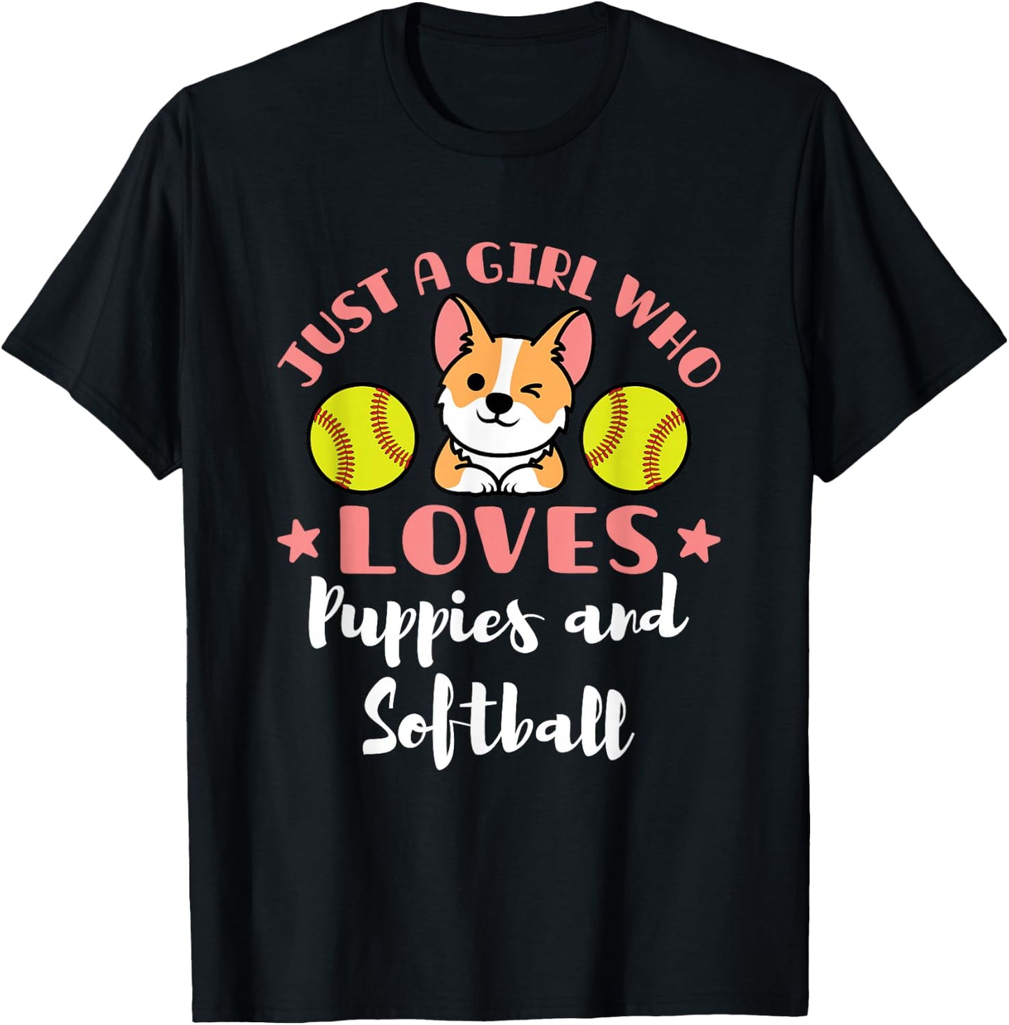 Just a Girl Who Loves Puppies and Softball T-Shirt - T-Shirt | Black
