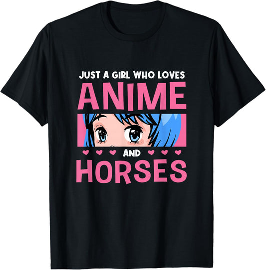 Girl Who Loves Anime And Horses Anime Lover Horse Lover T-Shirt - T-Shirt | Black