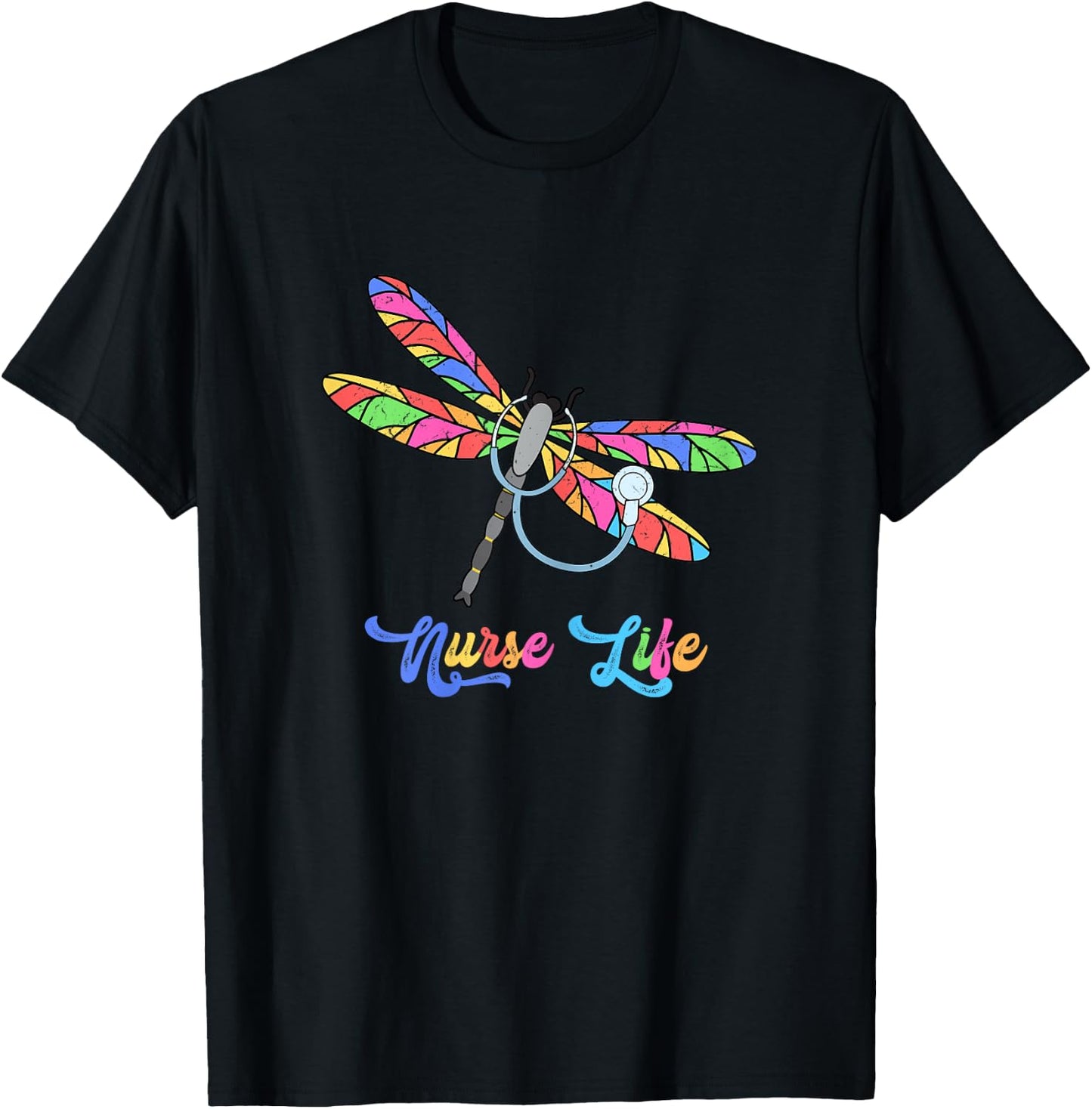 Colorful dragonfly Nurse life T-Shirt - T-Shirt | Black