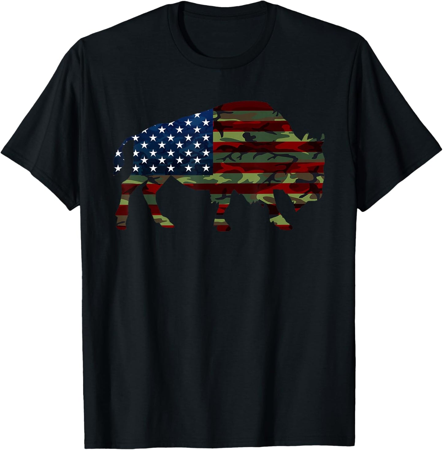 American Bison Cattle Ox USA Flag Camouflage Buffalo T-Shirt - T-Shirt | Black