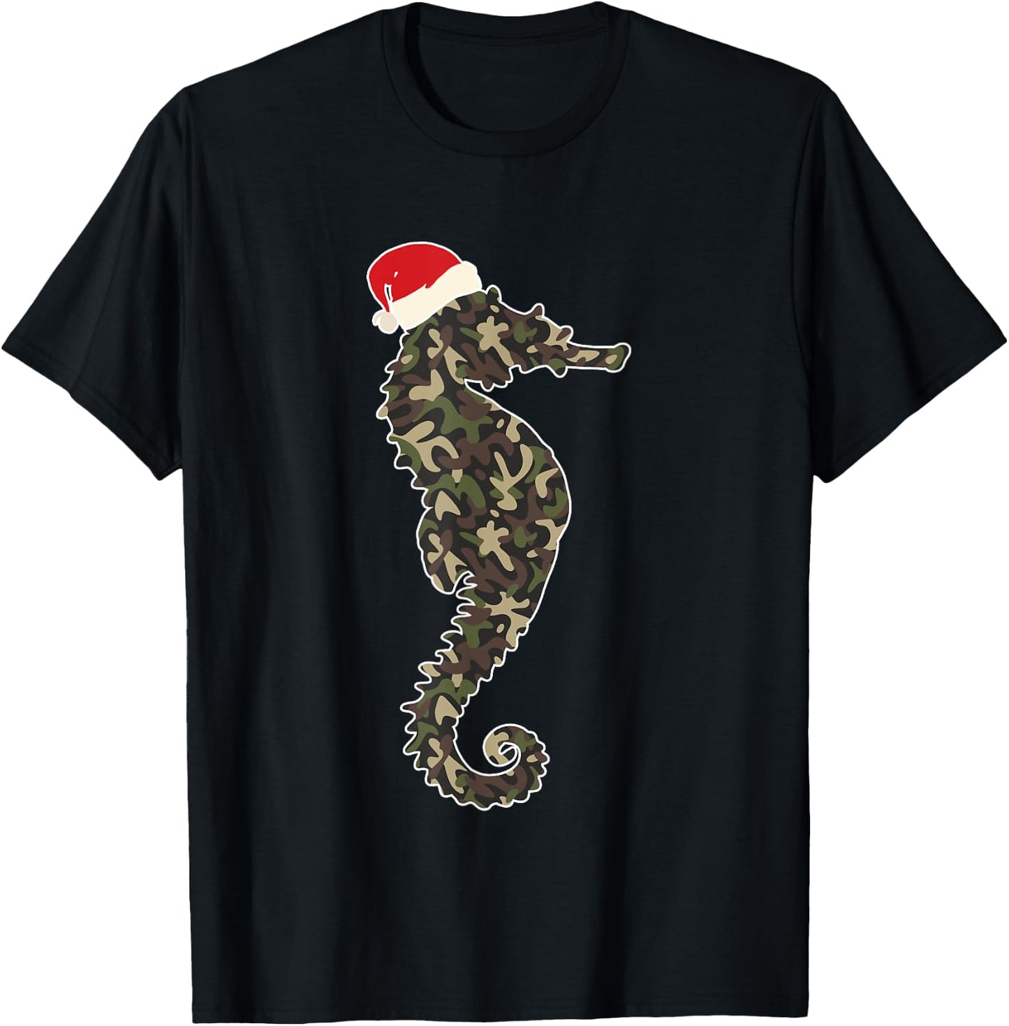 Seahorse Lover Christmas Santa Hat Camouflage Illustration T-Shirt - T-Shirt | Black